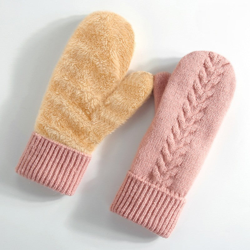 Fleece Lined Cable Knit Mittens - Pink