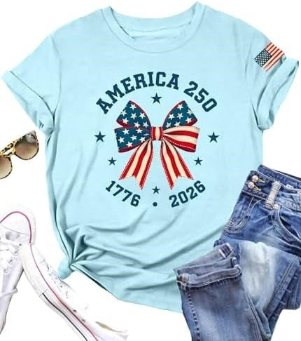 Patriotic Freedom Flag Graphic Cotton Tee - LightBlue