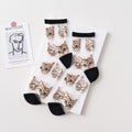Sheer Mesh Crew Socks With Cat Print - Black
