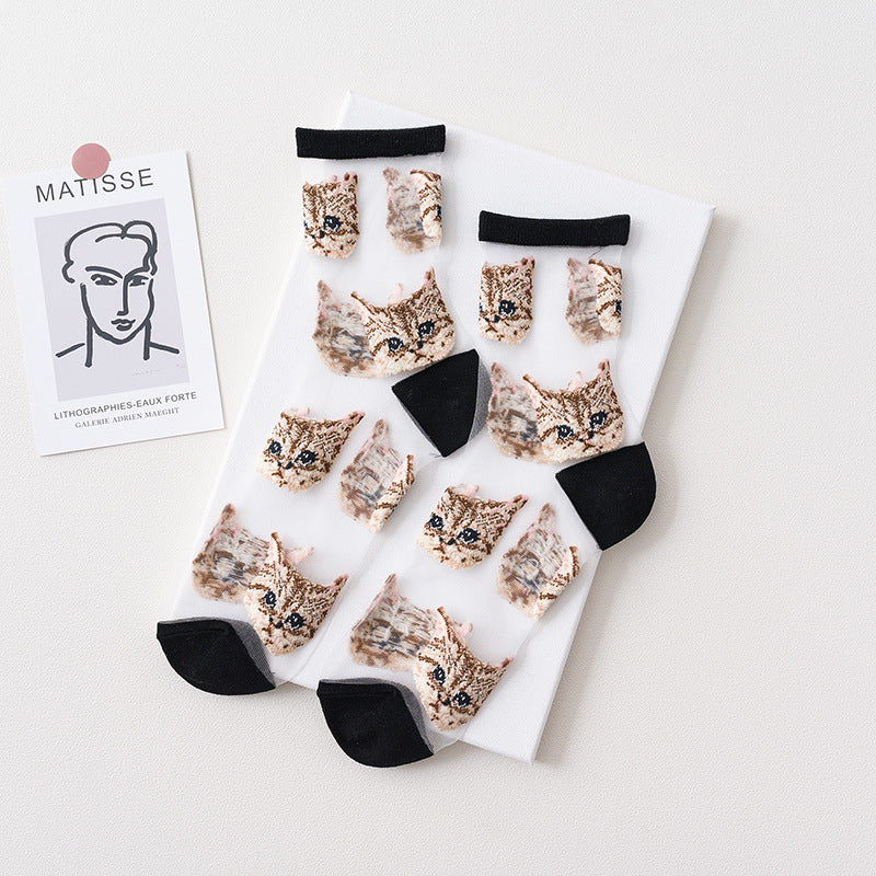 Sheer Mesh Crew Socks With Cat Print - Black