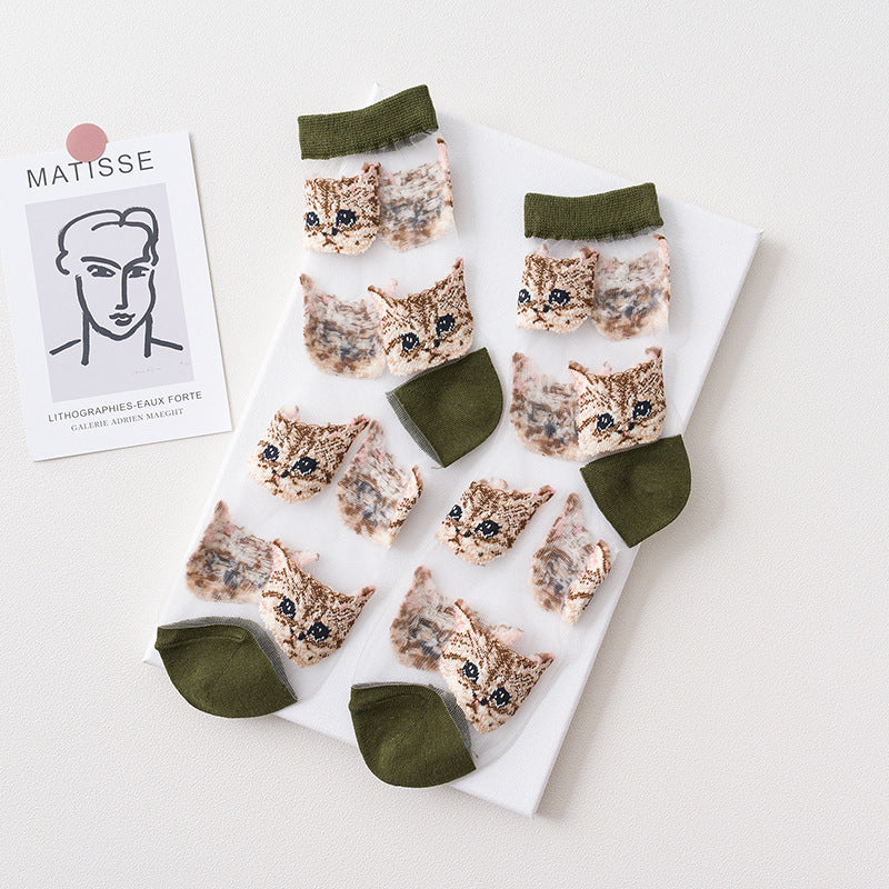 Sheer Mesh Crew Socks With Cat Print - Green