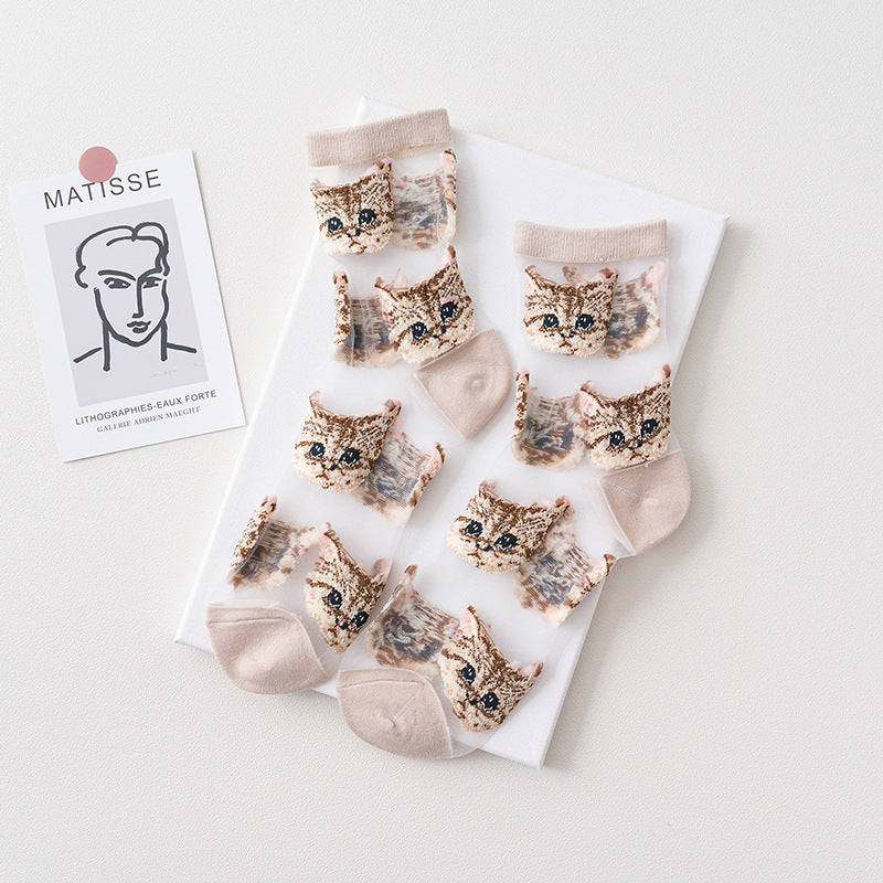 Sheer Mesh Crew Socks With Cat Print - Khaki