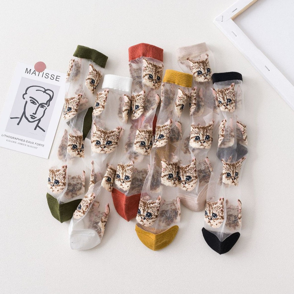 Sheer Mesh Crew Socks With Cat Print - Khaki - 1