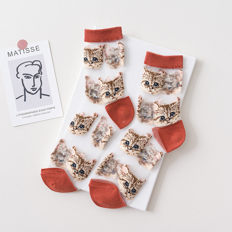 Sheer Mesh Crew Socks With Cat Print - Red