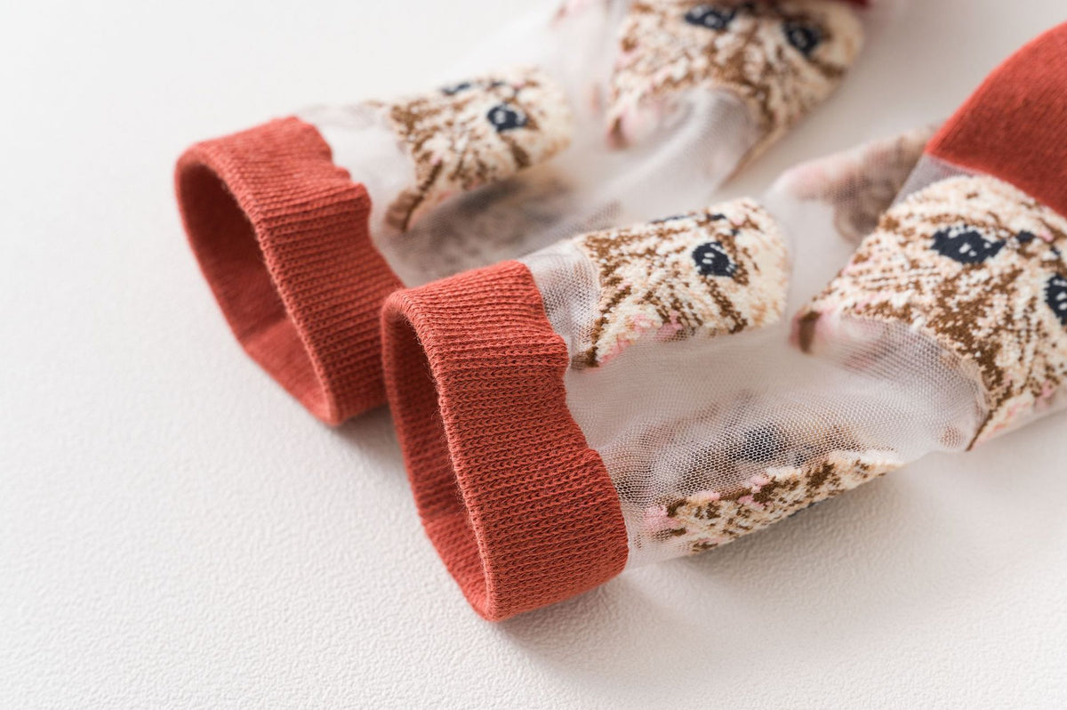 Sheer Mesh Crew Socks With Cat Print - Red - 3