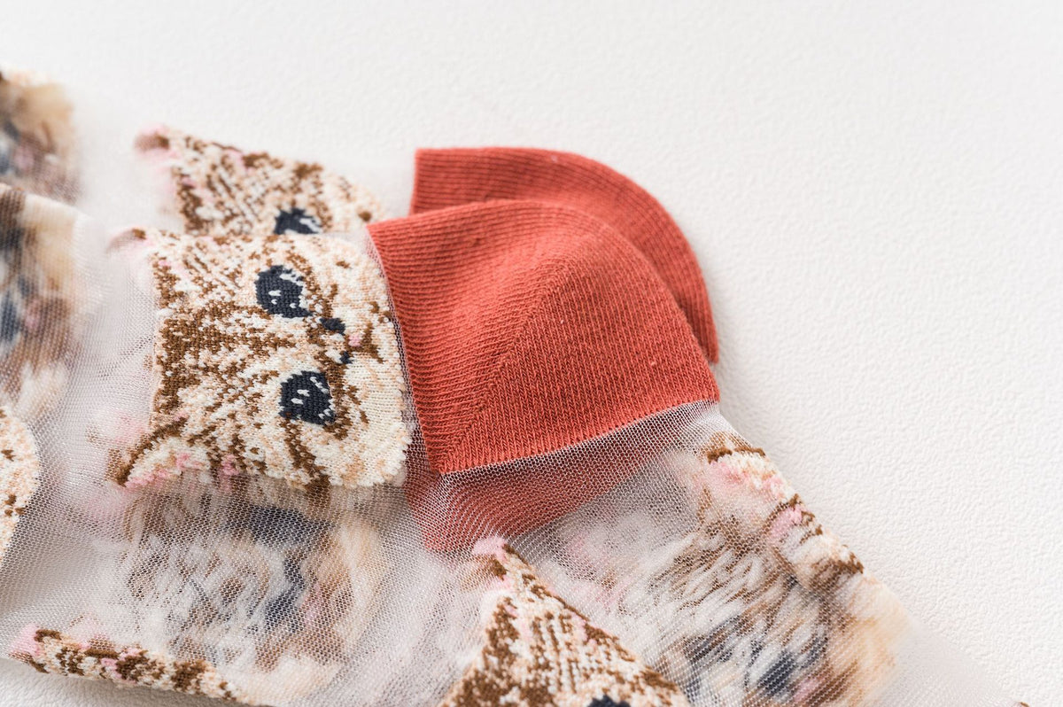 Sheer Mesh Crew Socks With Cat Print - Red - 4