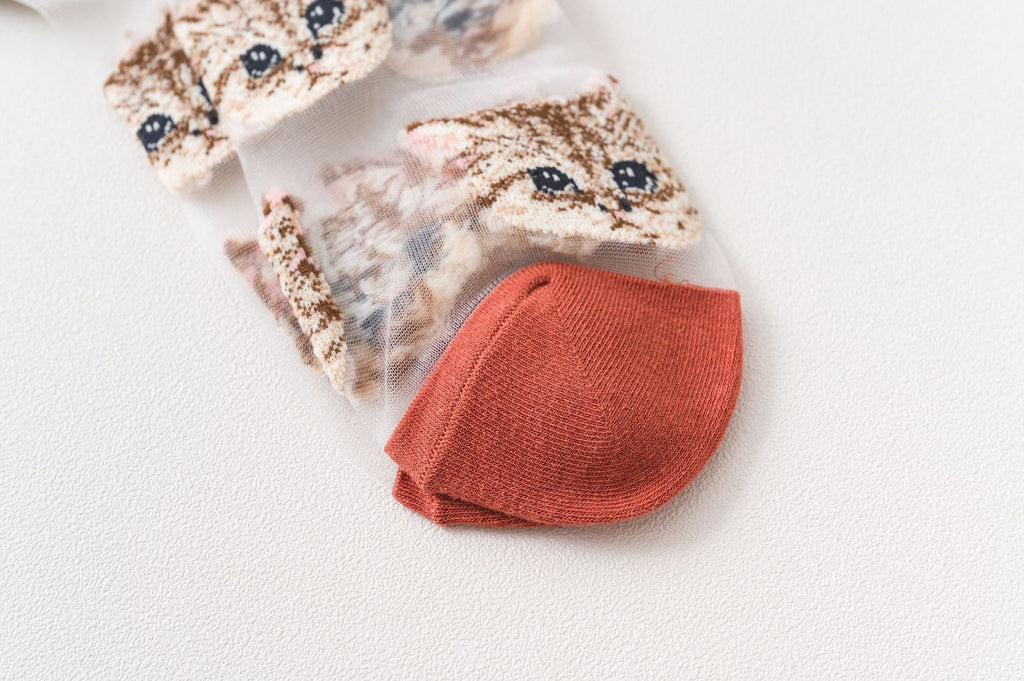 Sheer Mesh Crew Socks With Cat Print - Red - 5