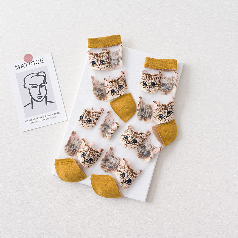 Sheer Mesh Crew Socks With Cat Print - Yellow