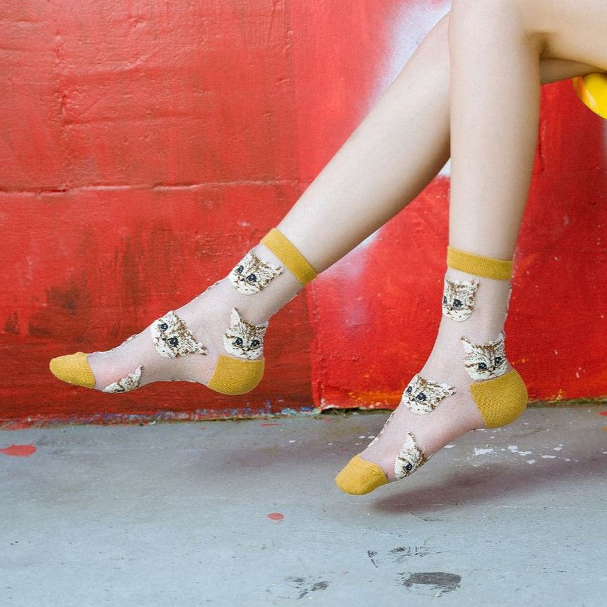 Sheer Mesh Crew Socks With Cat Print - Yellow - 1