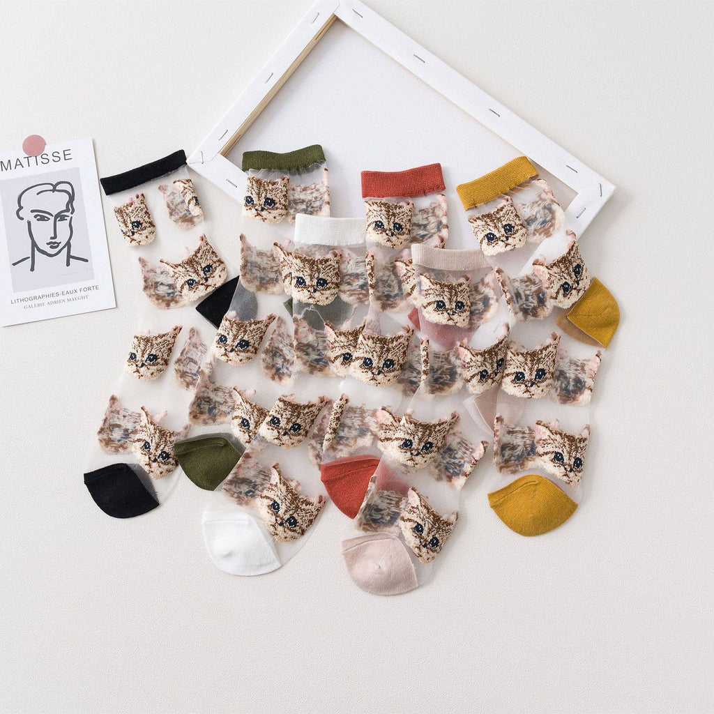 Sheer Mesh Crew Socks With Cat Print