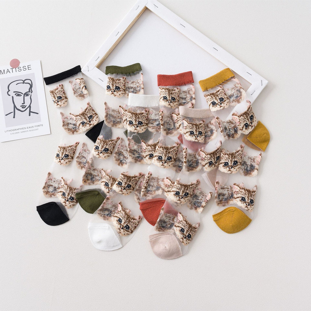 Sheer Mesh Crew Socks With Cat Print - view 1