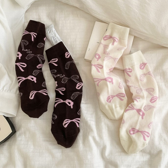 Ballet Bow Print Cotton Crew Socks - Coffee - 2