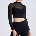 Sheer Mesh Mock Neck Long Sleeve Workout Crop Top - Black