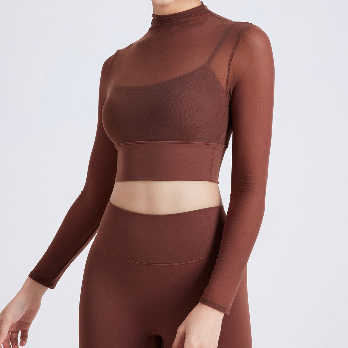 Sheer Mesh Mock Neck Long Sleeve Workout Crop Top - Chestnut