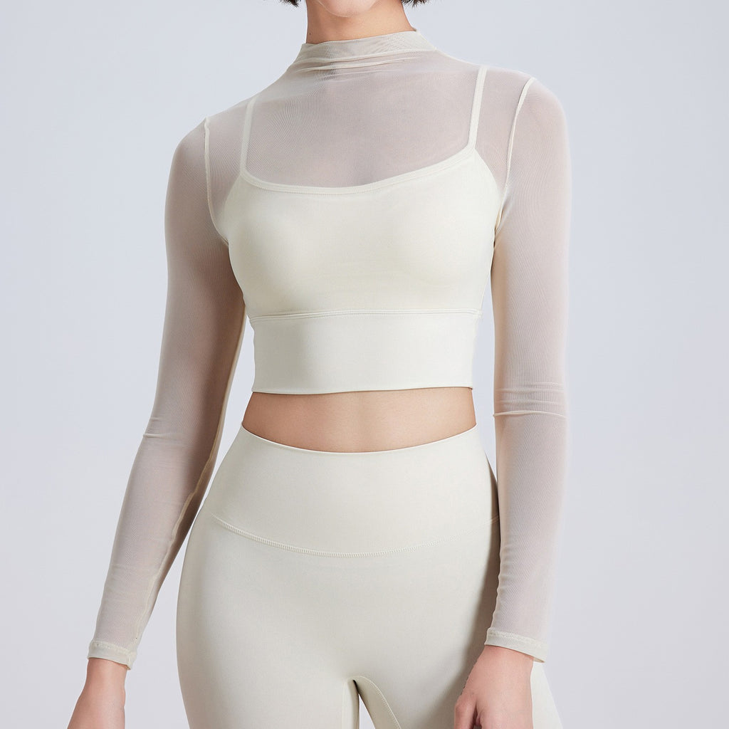 Sheer Mesh Mock Neck Long Sleeve Workout Crop Top - Cream