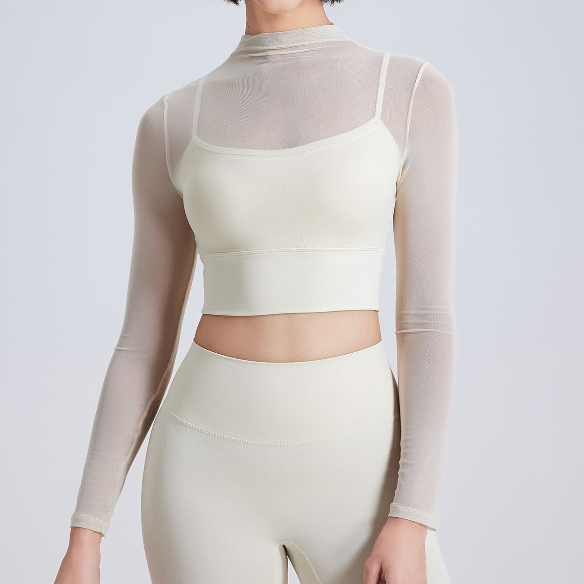 Sheer Mesh Mock Neck Long Sleeve Workout Crop Top - Cream