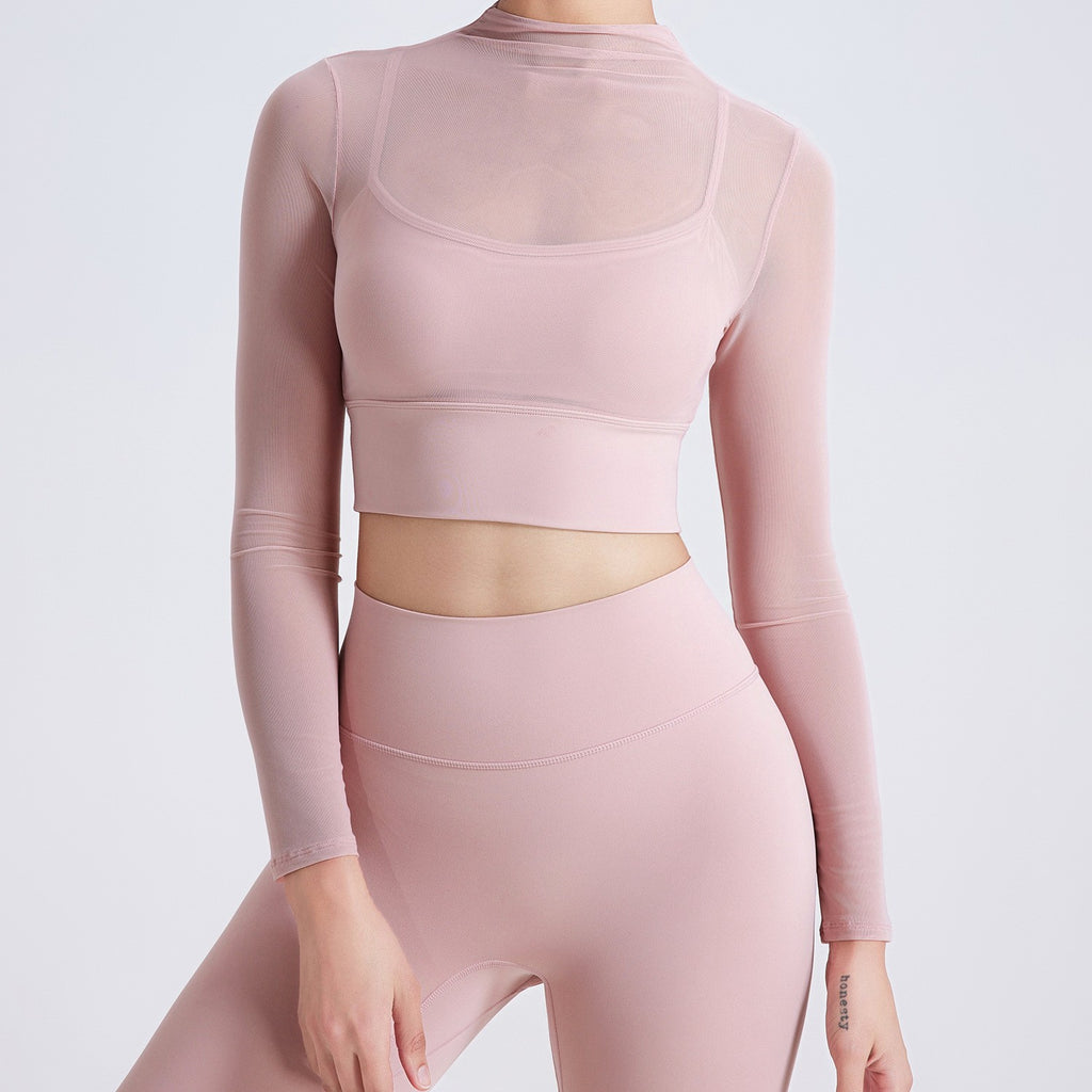 Sheer Mesh Mock Neck Long Sleeve Workout Crop Top