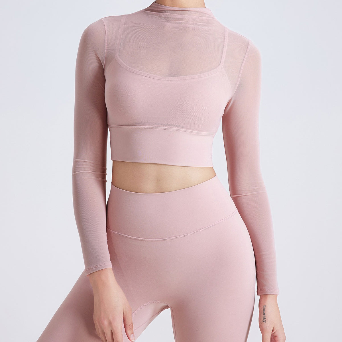 Sheer Mesh Mock Neck Long Sleeve Workout Crop Top