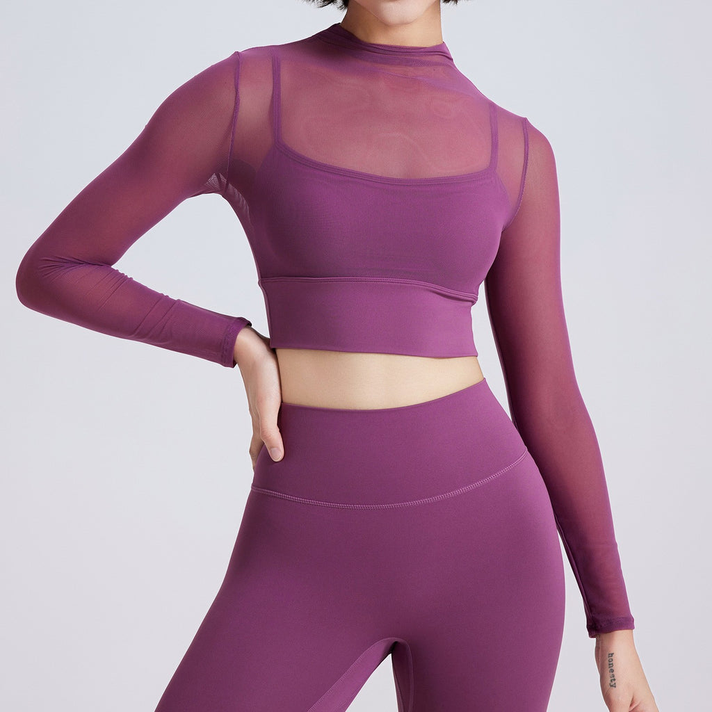 Sheer Mesh Mock Neck Long Sleeve Workout Crop Top