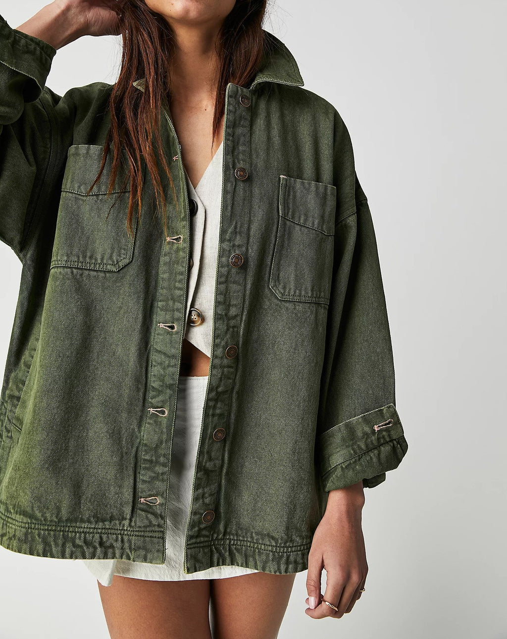 Oversized Patch Pocket Denim Shirt Jacket - Olive