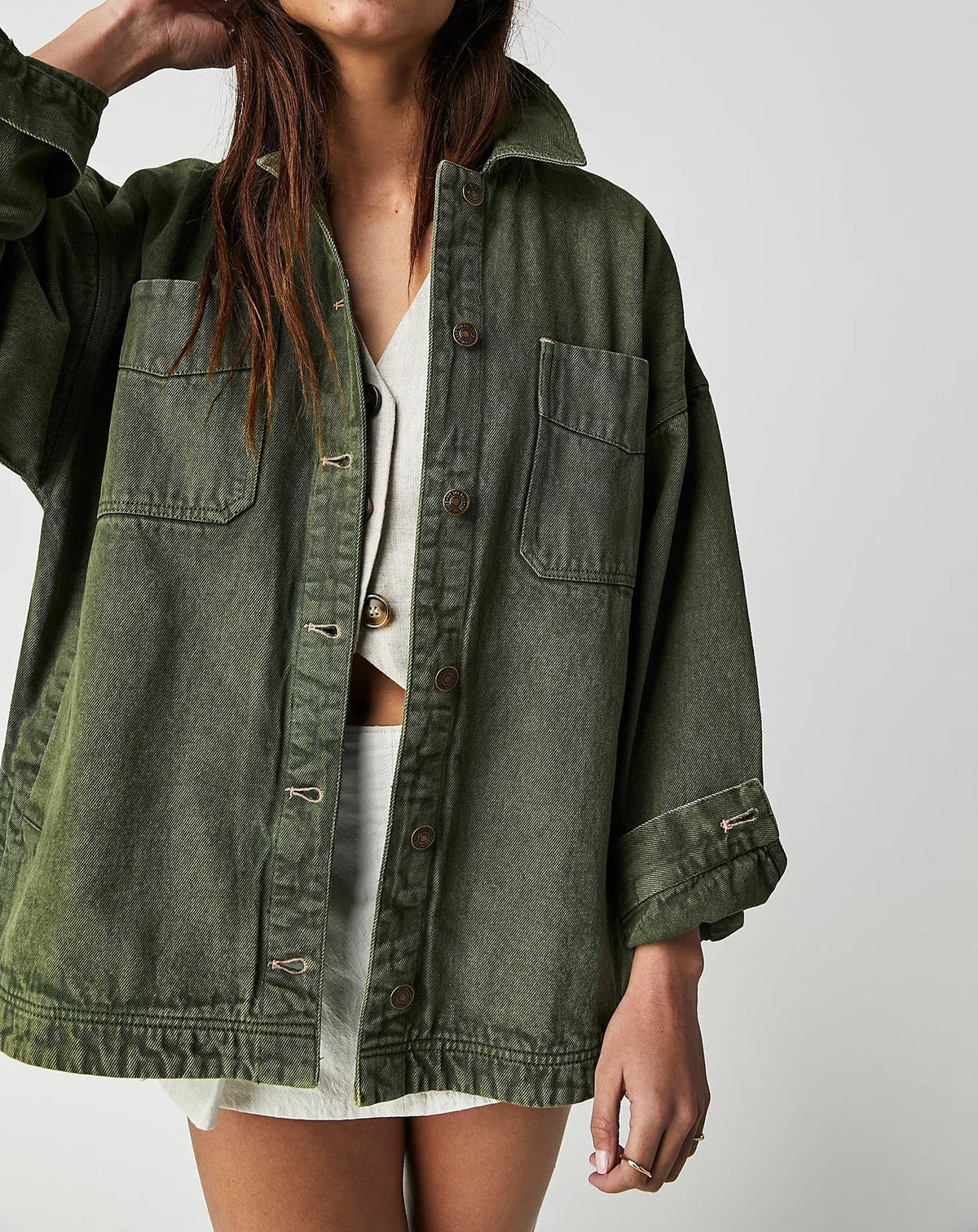 Oversized Patch Pocket Denim Shirt Jacket - Olive