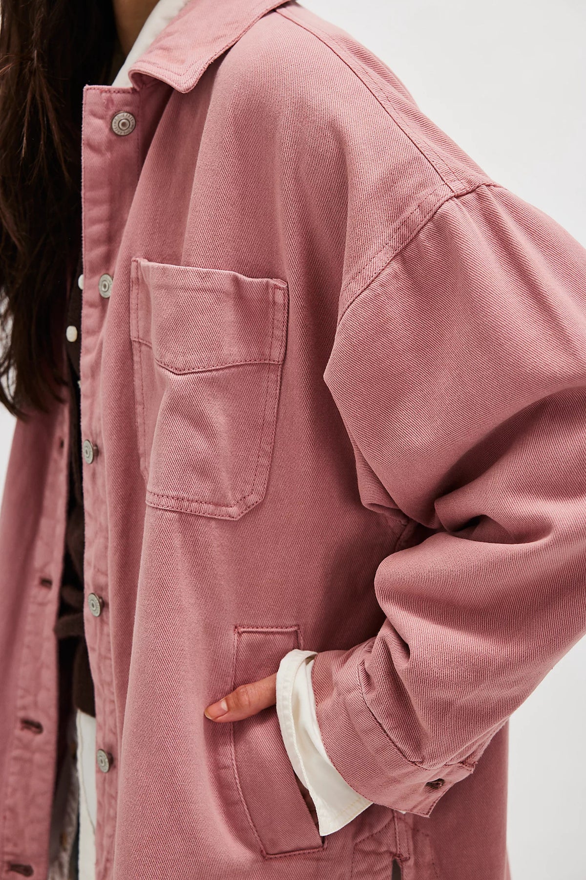 Oversized Patch Pocket Denim Shirt Jacket - Pink