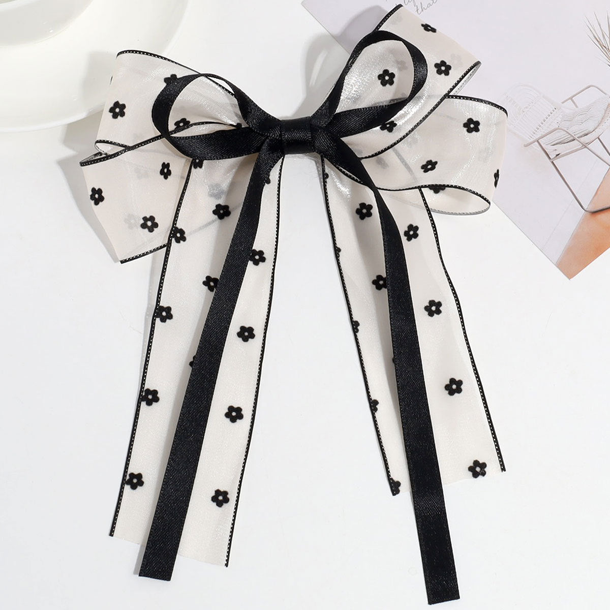 Sheer Tulle Bow Long Ribbon Hair Clip - Flower