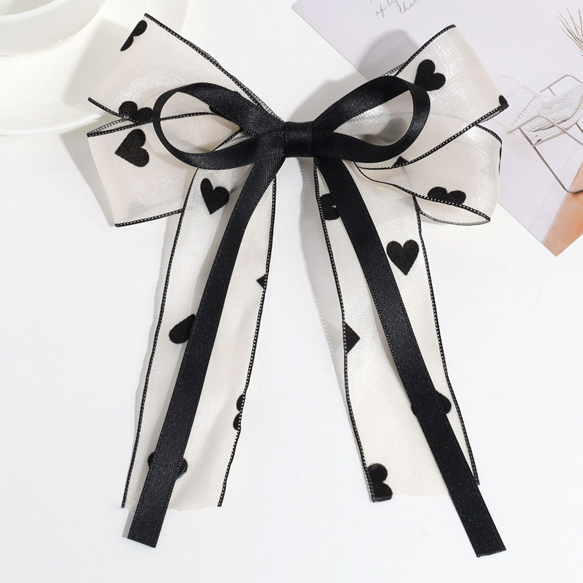 Sheer Tulle Bow Long Ribbon Hair Clip - Love