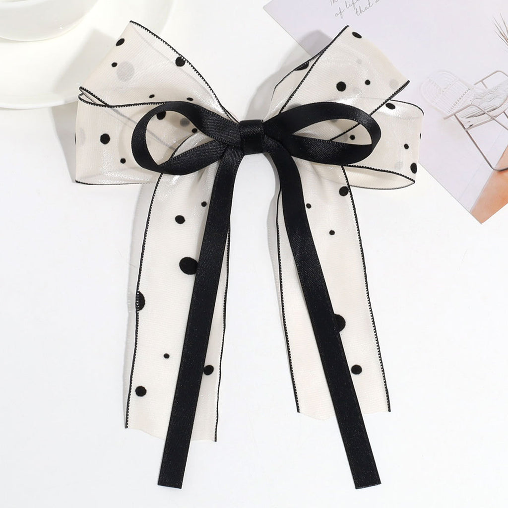 Sheer Tulle Bow Long Ribbon Hair Clip - Polka-Dot
