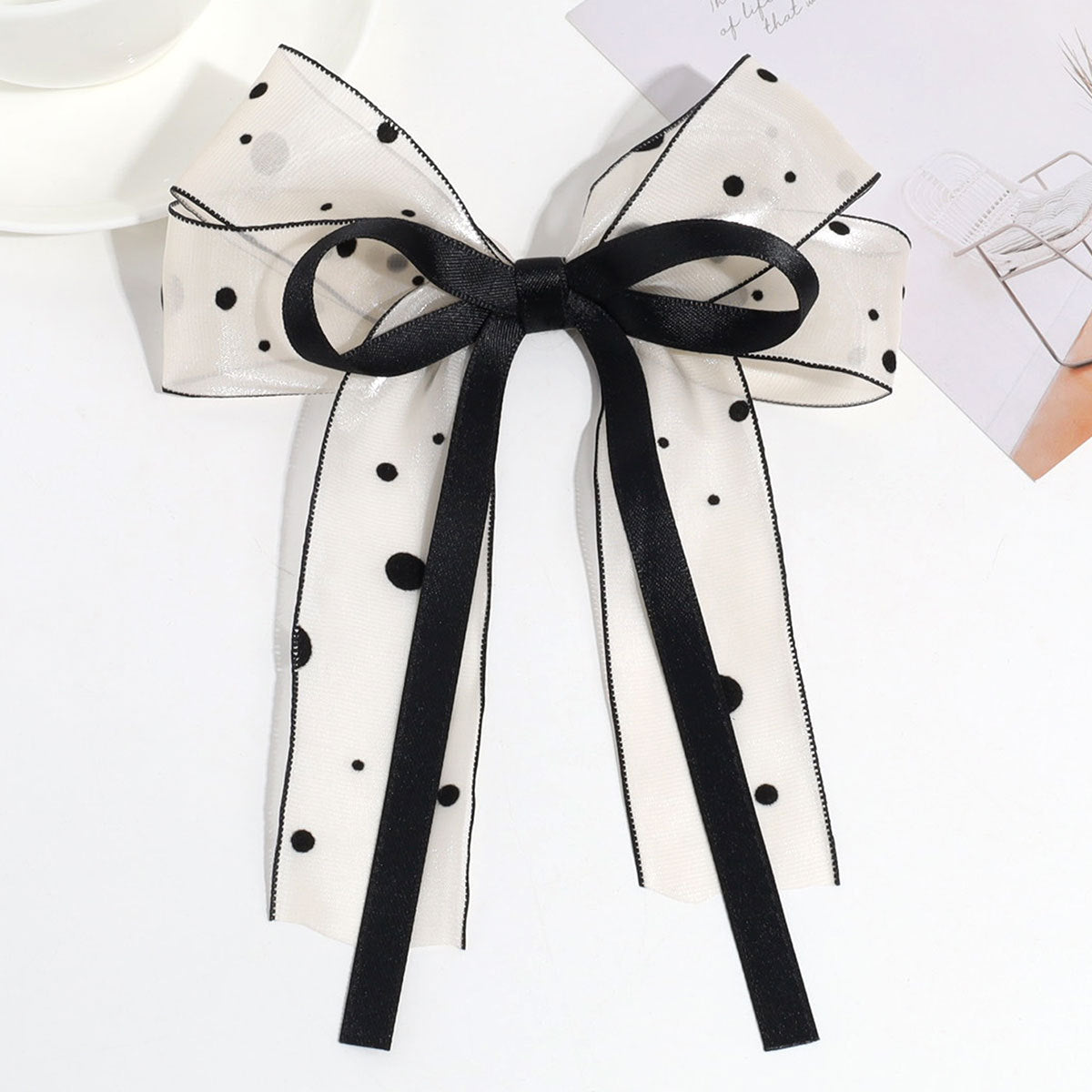 Sheer Tulle Bow Long Ribbon Hair Clip - Polka-Dot