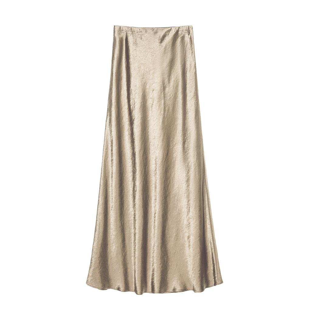 Crushed Satin Flared Hem Maxi Skirt - Apricot