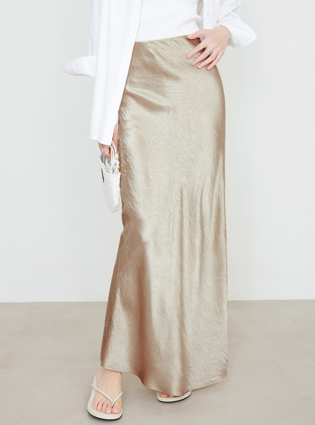 Crushed Satin Flared Hem Maxi Skirt - Apricot - 1