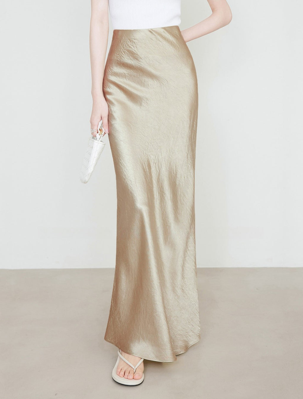 Crushed Satin Flared Hem Maxi Skirt - Apricot - 2