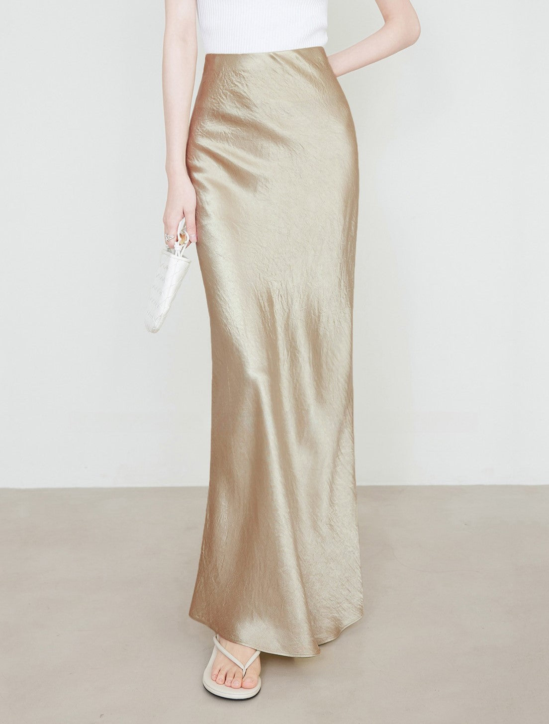 Crushed Satin Flared Hem Maxi Skirt - Apricot - 2