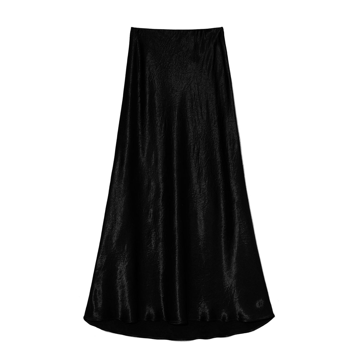 Crushed Satin Flared Hem Maxi Skirt - Black