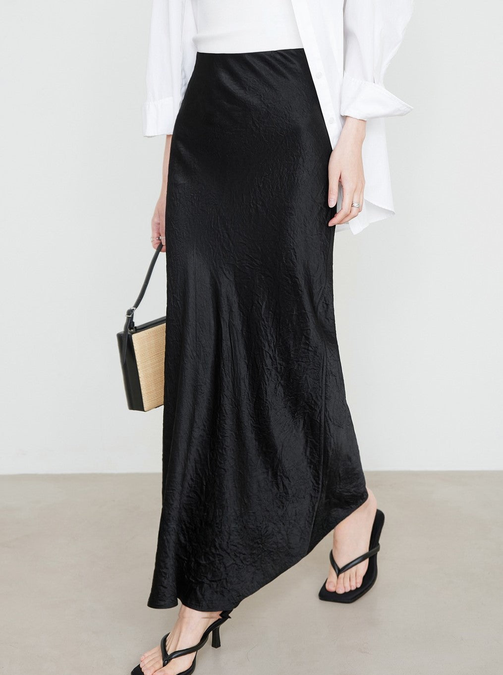 Crushed Satin Flared Hem Maxi Skirt - Black - 1