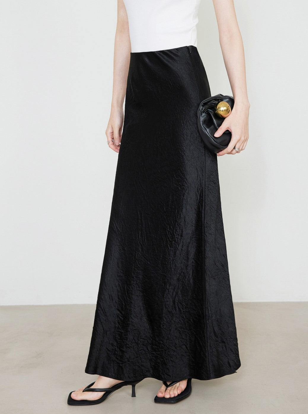 Crushed Satin Flared Hem Maxi Skirt - Black - 2