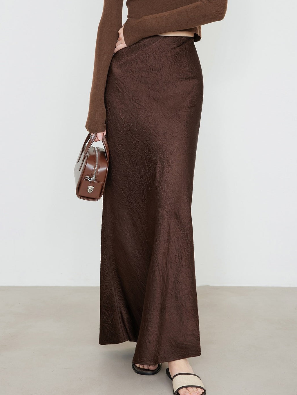 Crushed Satin Flared Hem Maxi Skirt - Brown - 1