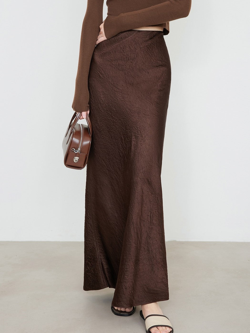 Crushed Satin Flared Hem Maxi Skirt - Brown - 1