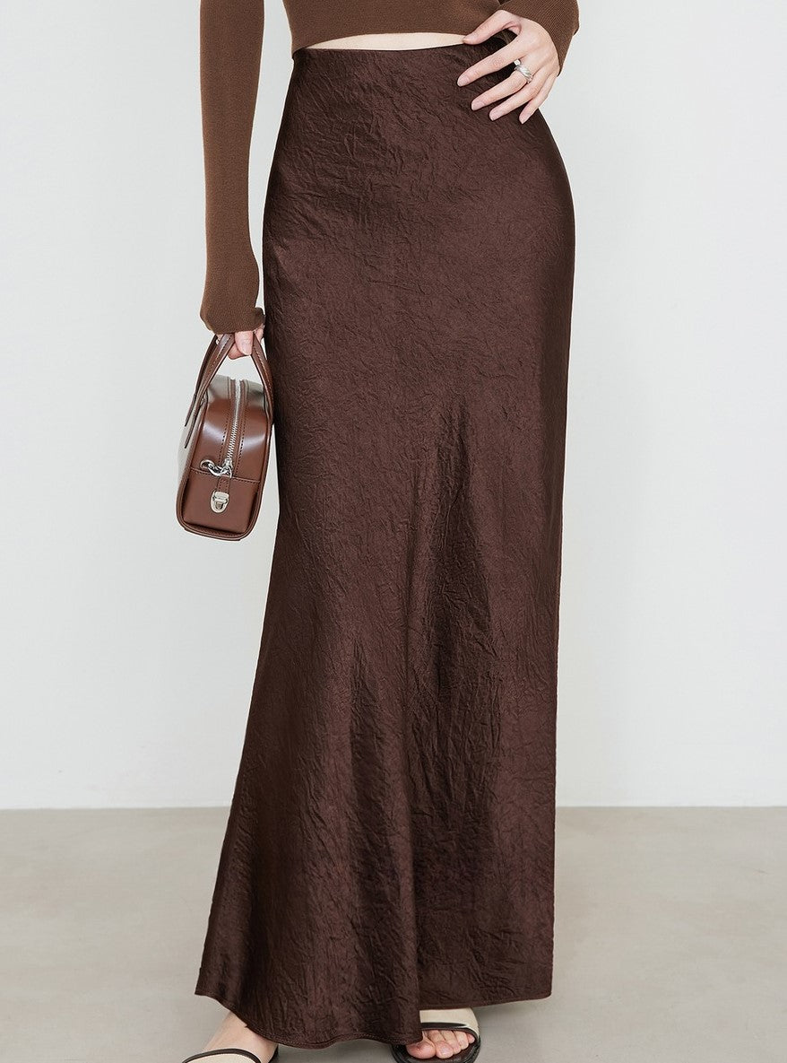 Crushed Satin Flared Hem Maxi Skirt - Brown - 2