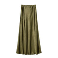 Crushed Satin Flared Hem Maxi Skirt - Green