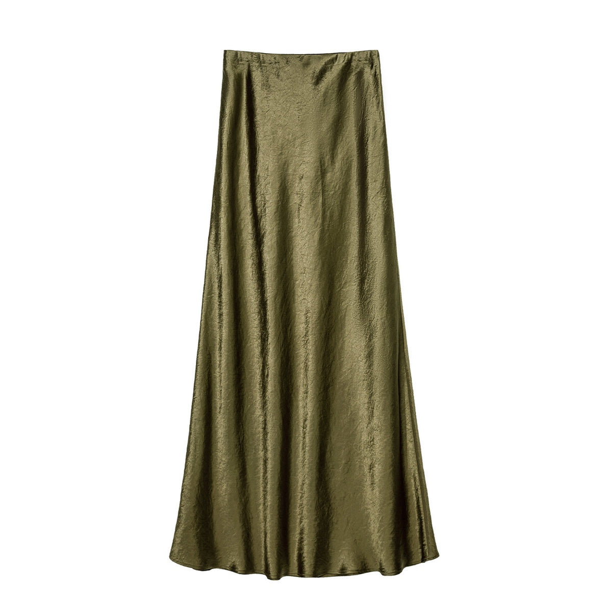 Crushed Satin Flared Hem Maxi Skirt - Green