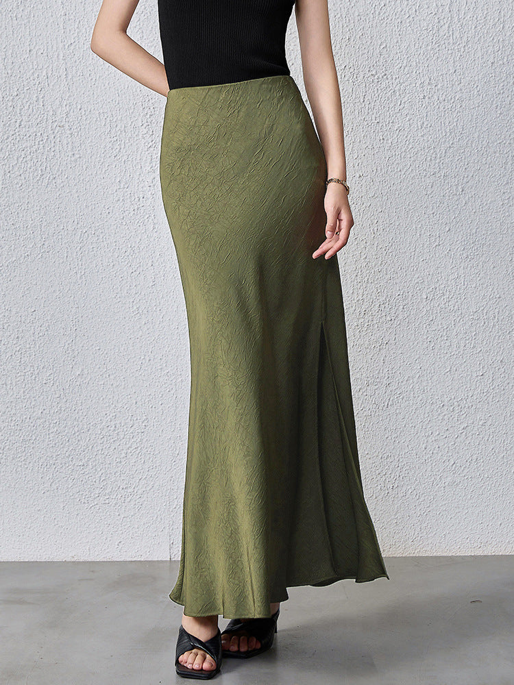 Crushed Satin Flared Hem Maxi Skirt - Green - 1