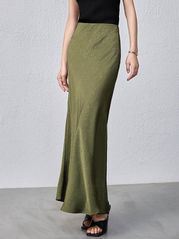Crushed Satin Flared Hem Maxi Skirt