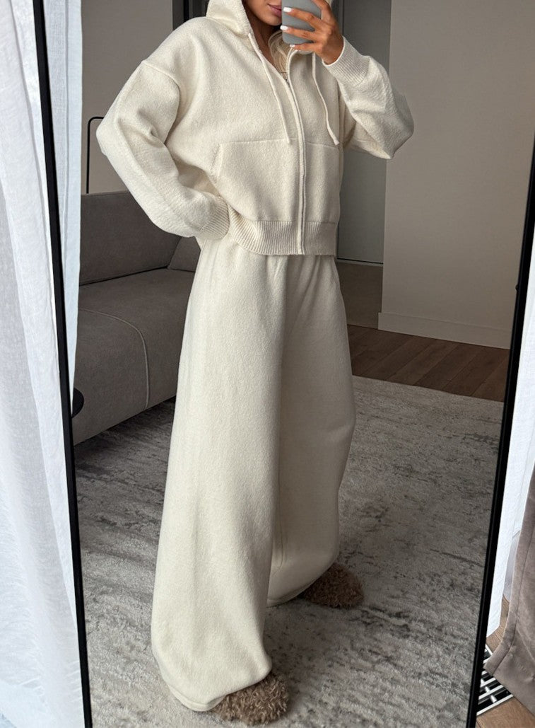 Zip Up Knit Hoodie and Wide Leg Pants Set - Apricot