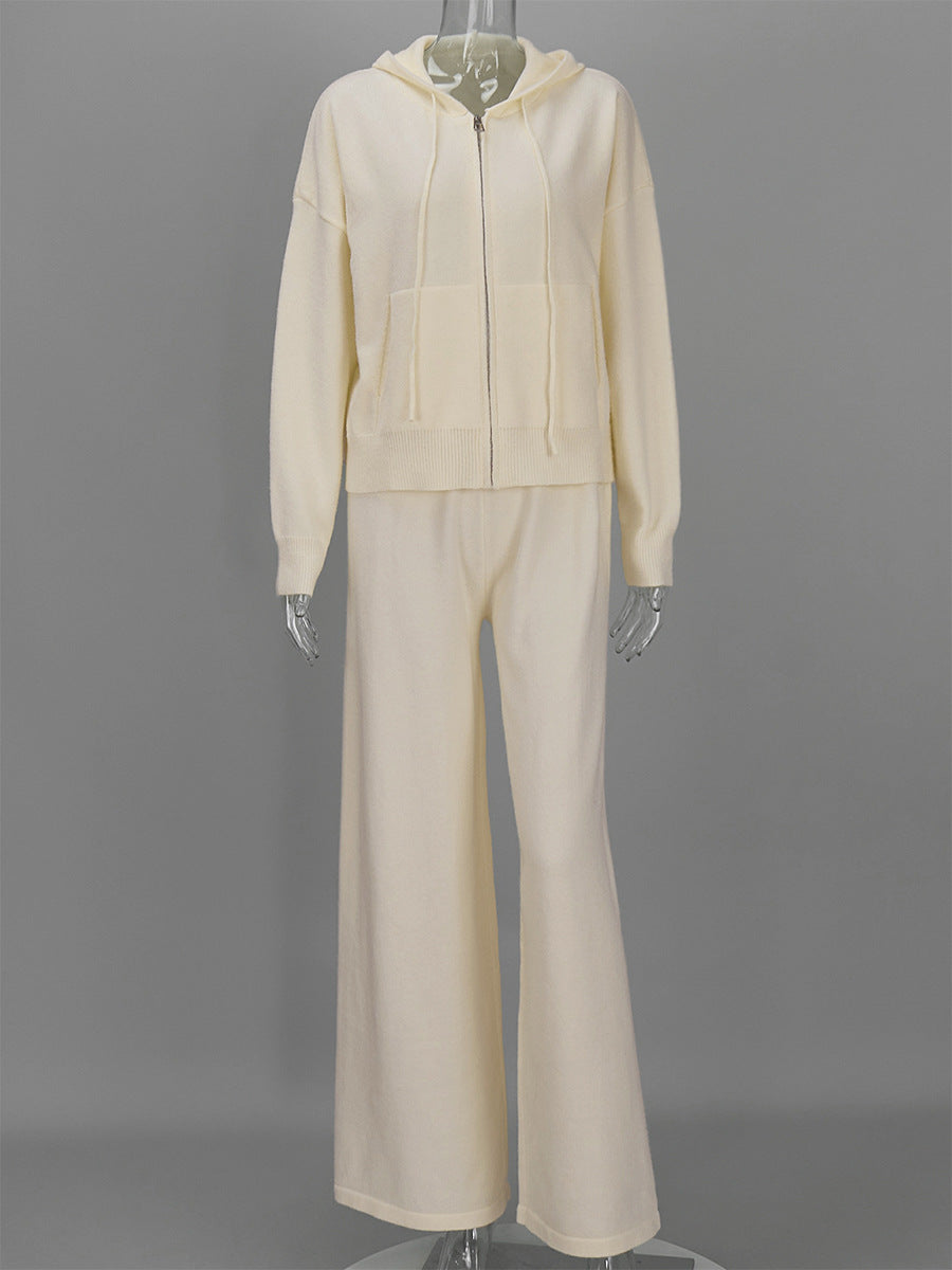 Zip Up Knit Hoodie and Wide Leg Pants Set - Apricot - 1