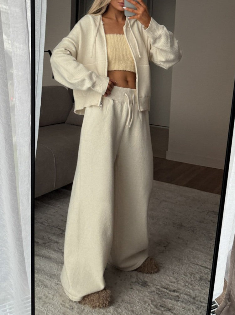 Zip Up Knit Hoodie and Wide Leg Pants Set - Apricot - 2