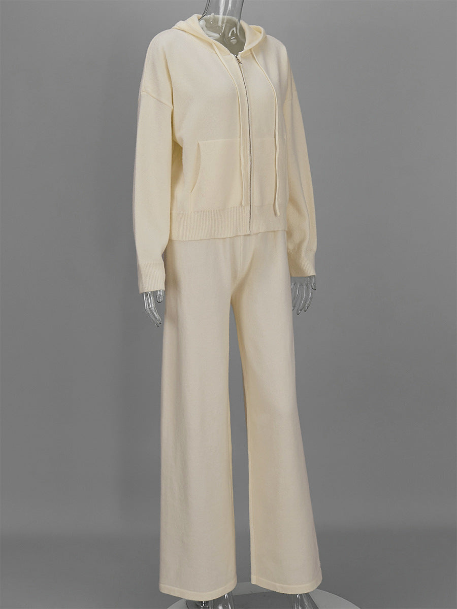 Zip Up Knit Hoodie and Wide Leg Pants Set - Apricot - 3