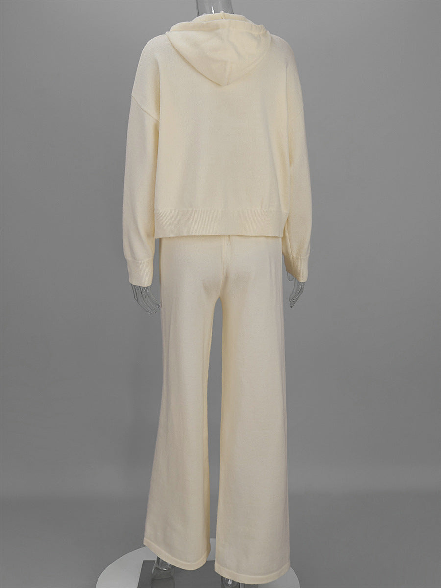 Zip Up Knit Hoodie and Wide Leg Pants Set - Apricot - 4
