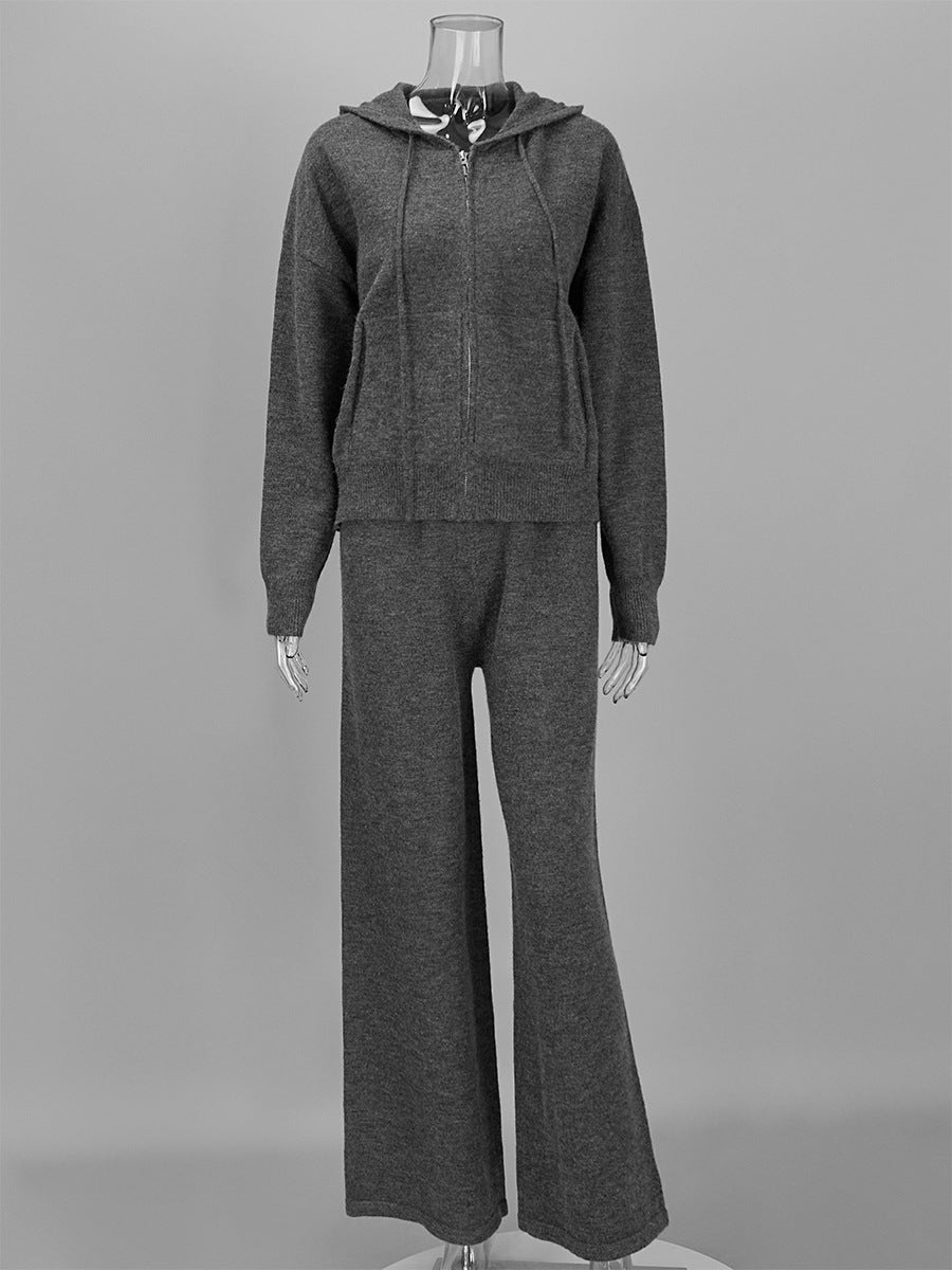 Zip Up Knit Hoodie and Wide Leg Pants Set - DarkGrey